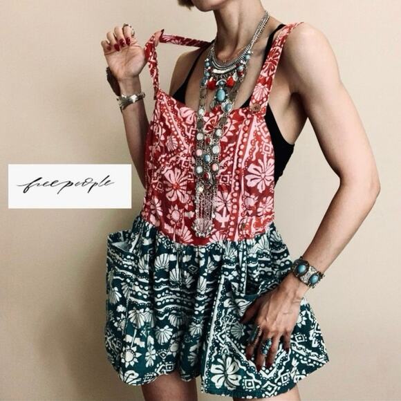 Free People Pants - NWOT Free People Palm Bay Printed Relaxed Romper Shortalls in Holiday Combo Sz l